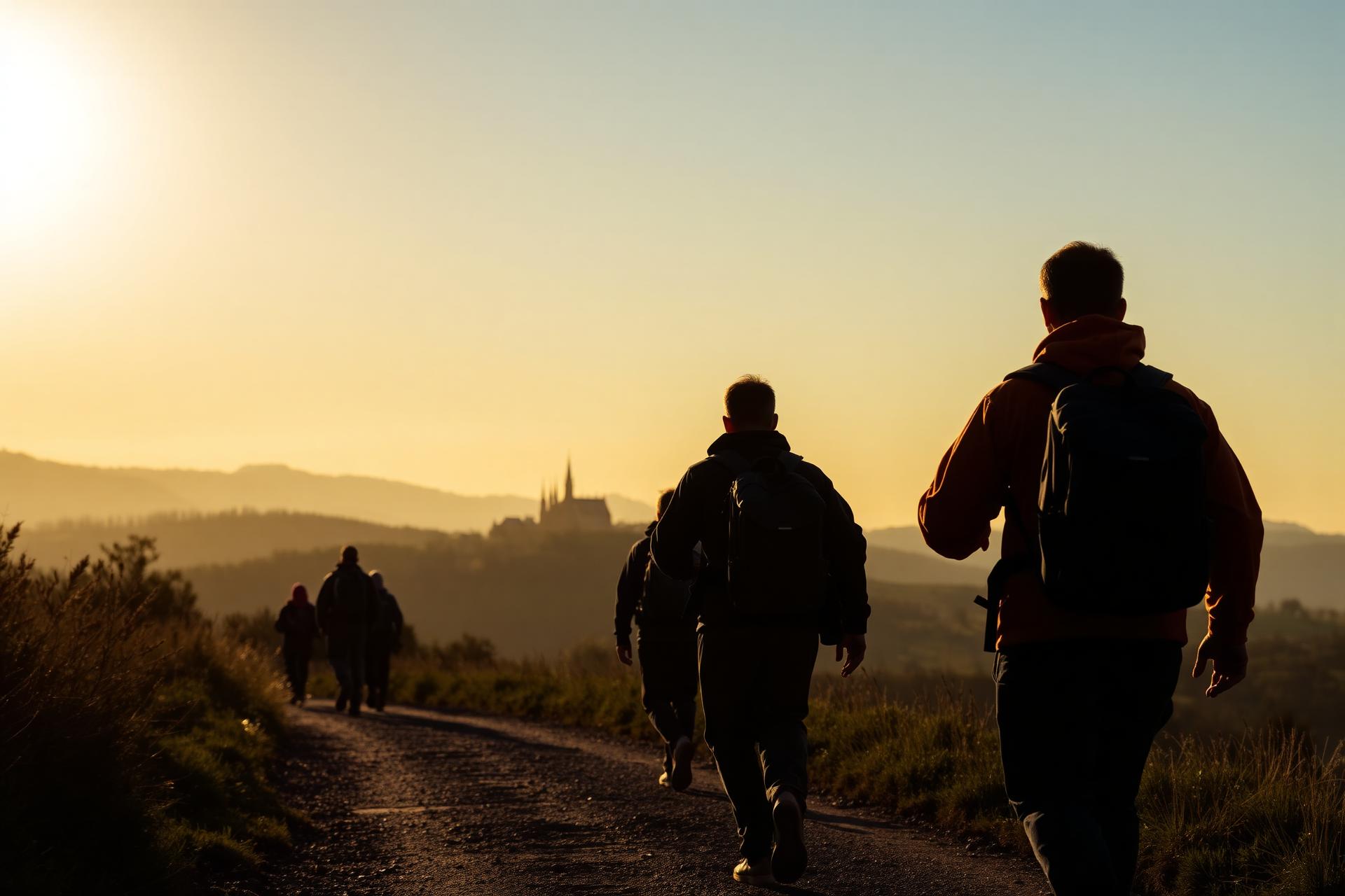 Peregrinos caminhando ao pôr do sol